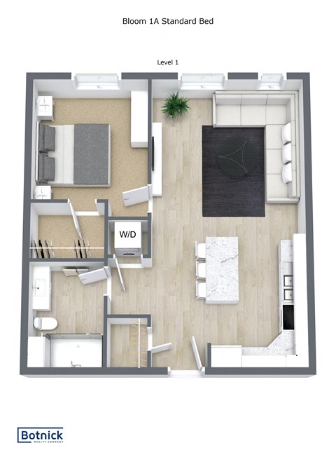 Floor plan for 1 bed, 1 bath, 670 sqft